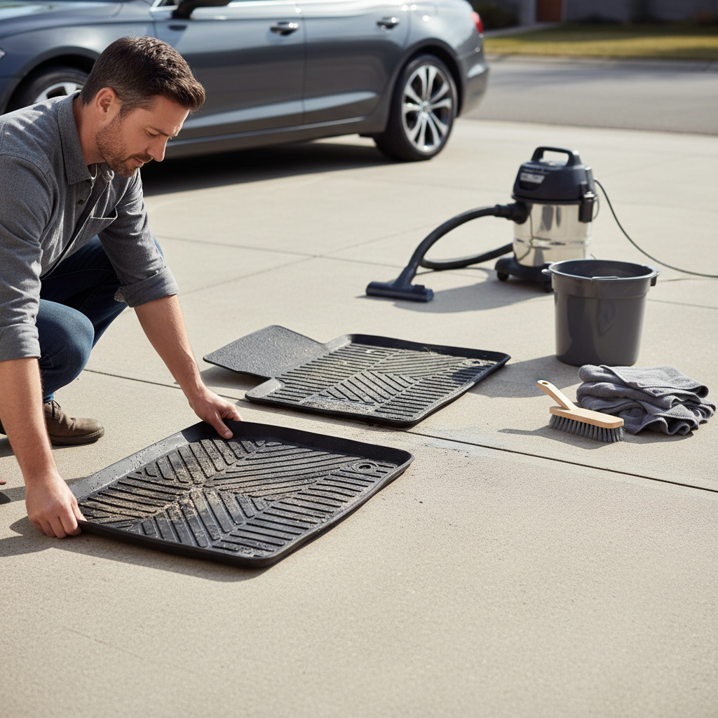 Car floor mats removed and staged for cleaning on a driveway
