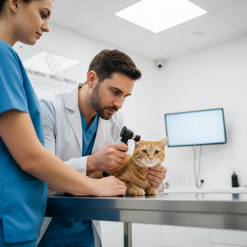 Veterinarian examining a cat ear with an otoscope in a clinic