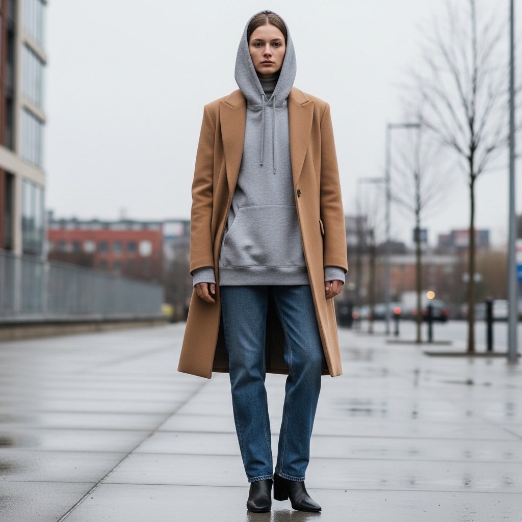 Casual layered oversized hoodie outfit under a structured coat with straight jeans and ankle boots