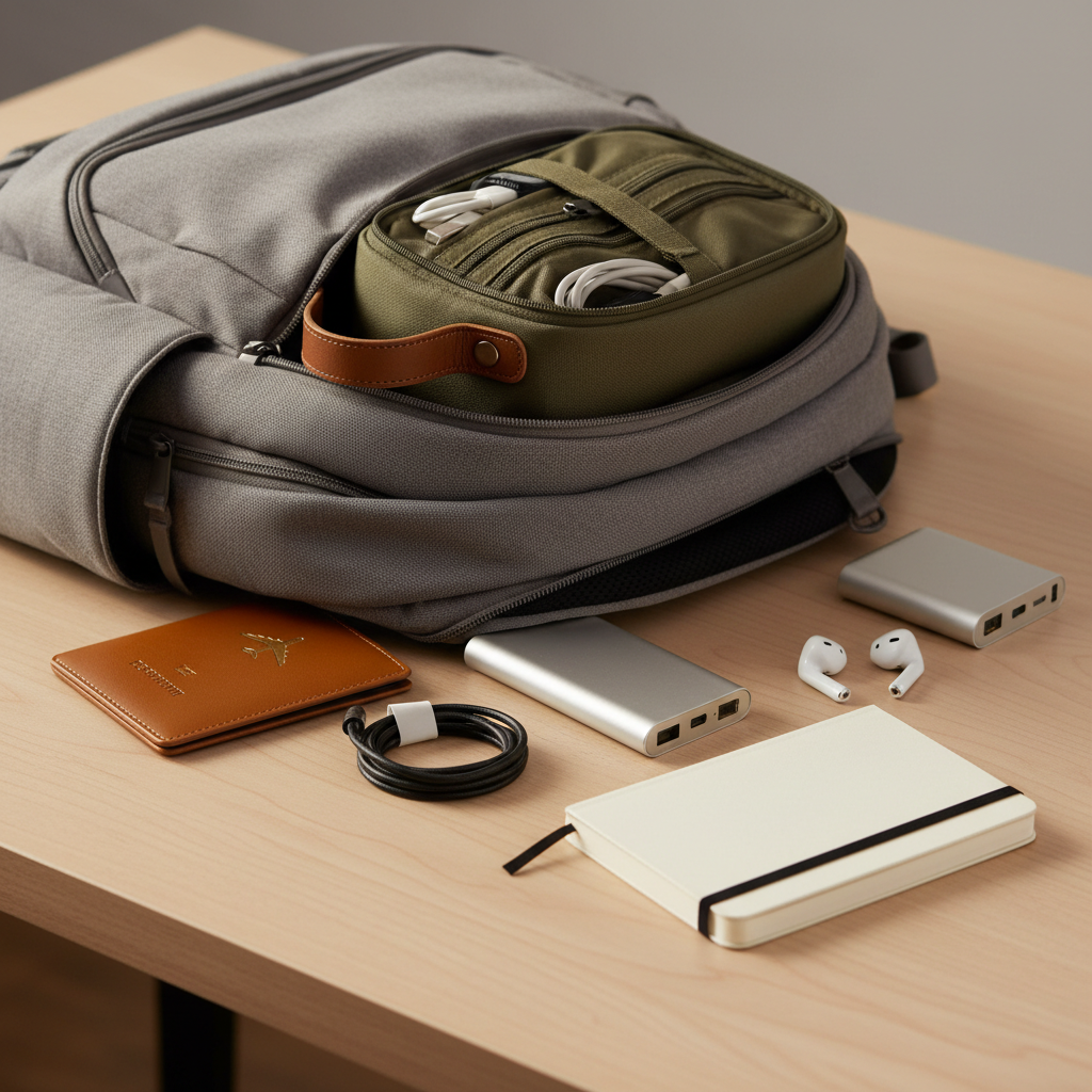 Travel tech pouch and personal item essentials organized for carry-on packing