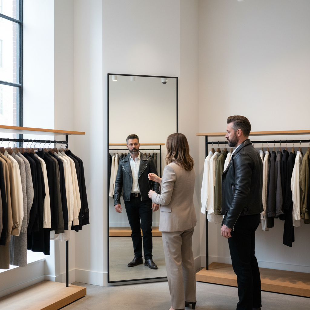 Men trying on leather jackets in a modern menswear store
