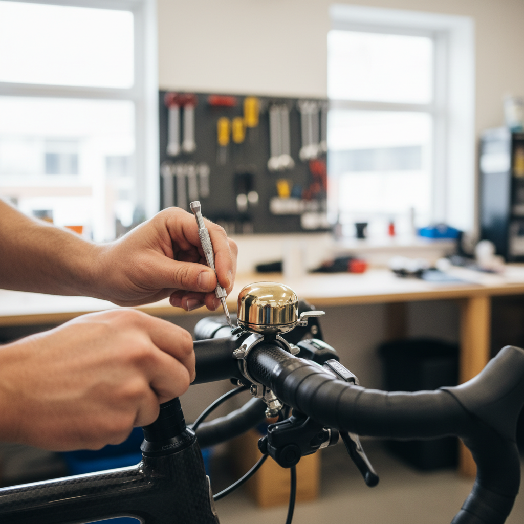 Installing a bike bell on bicycle handlebars with a small screwdriver
