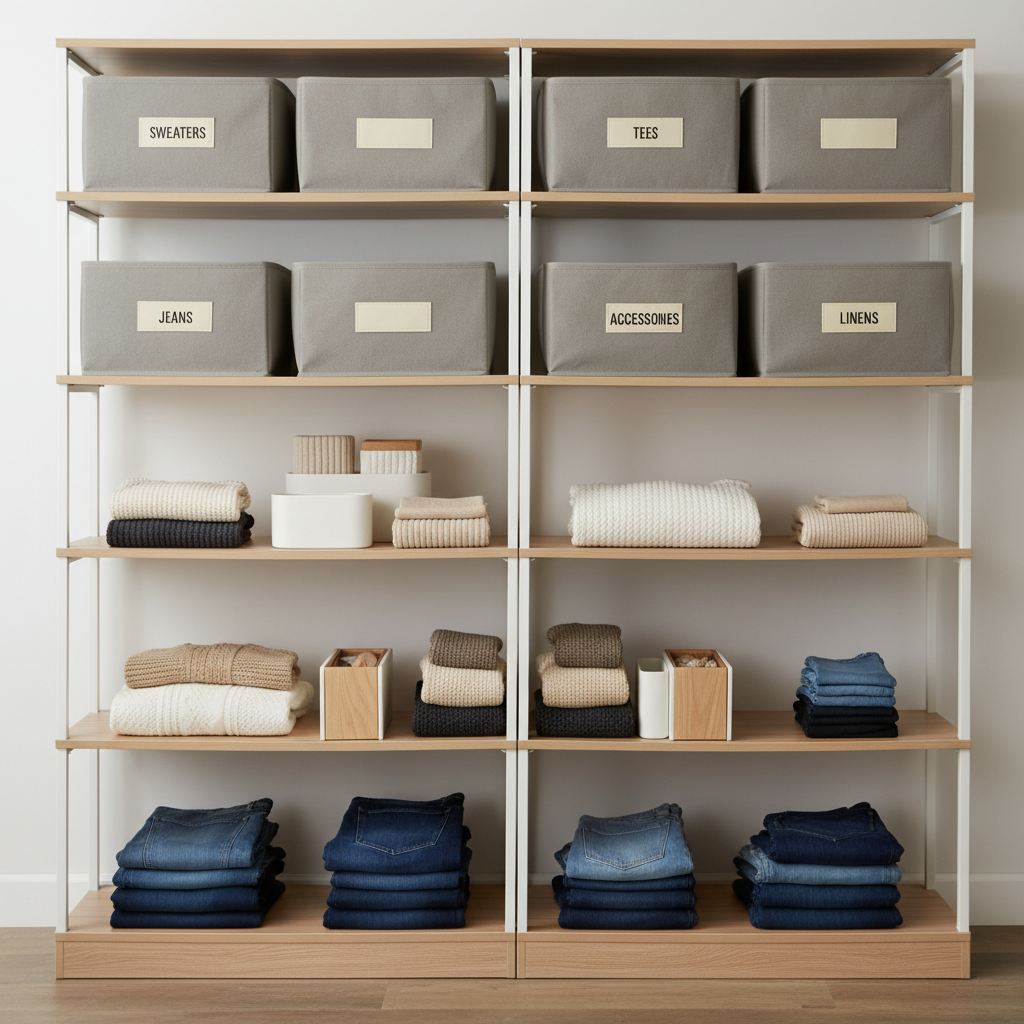 Closet shelf with labeled bins and neatly folded clothing stacks
