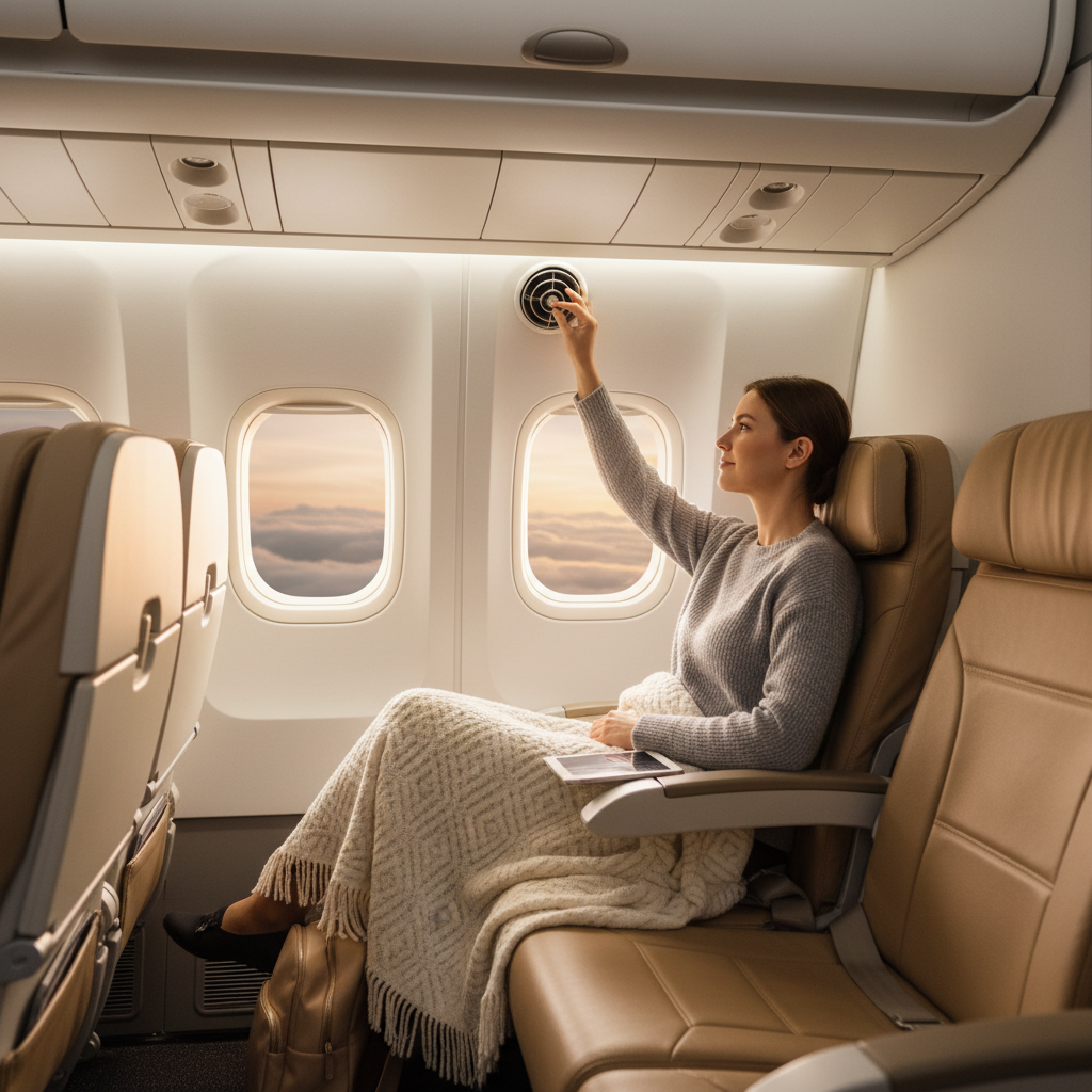 Airplane passenger using a travel blanket and adjusting overhead air vent for warmth