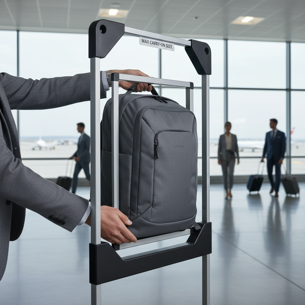 Carry-on travel backpack being measured against airline size sizer