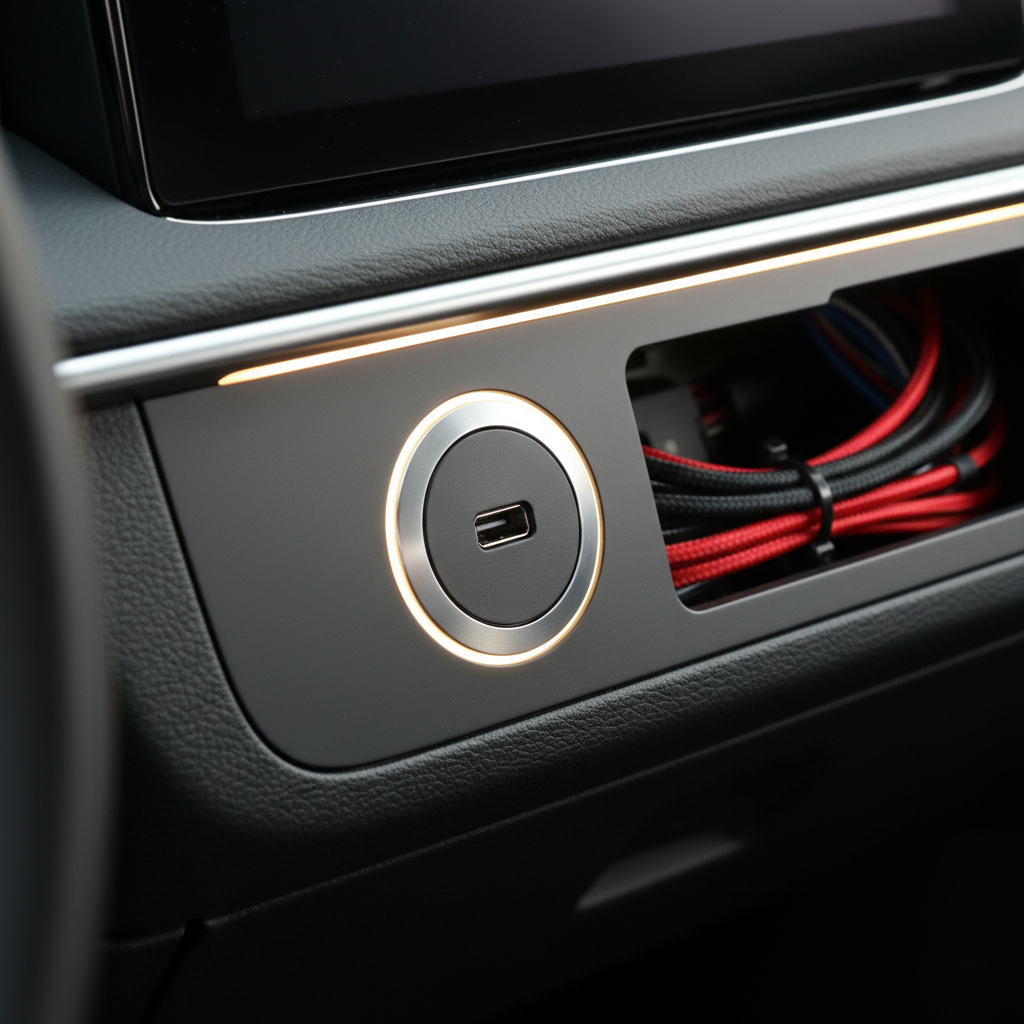 Flush mount USB-C port installed in car dashboard panel with clean wiring