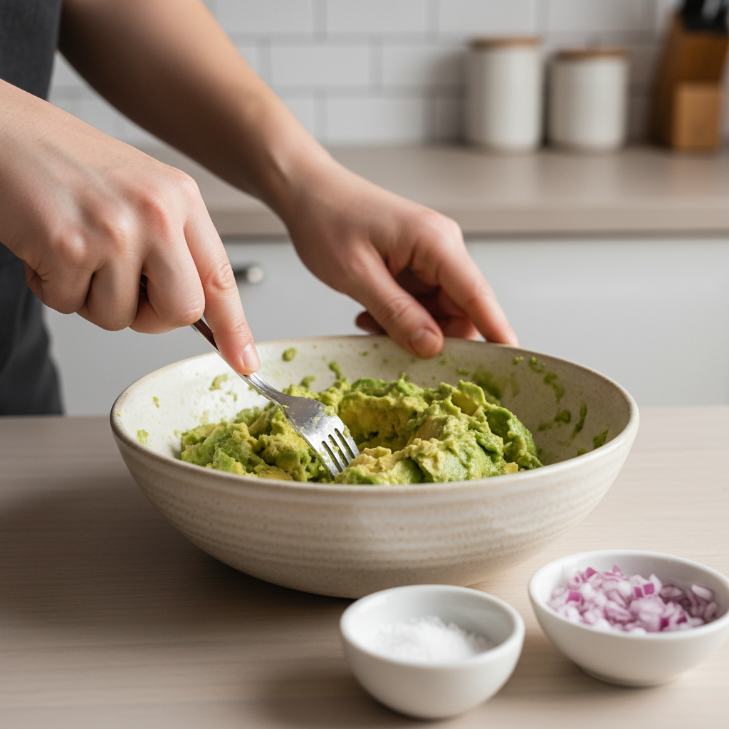 Close-up of guacamole being mashed in a bowl with a fork for chunky texture