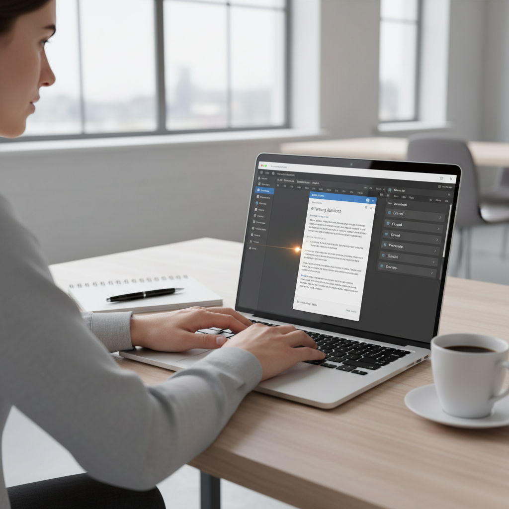 Writer using a free AI writing tool to edit a draft in a modern workspace