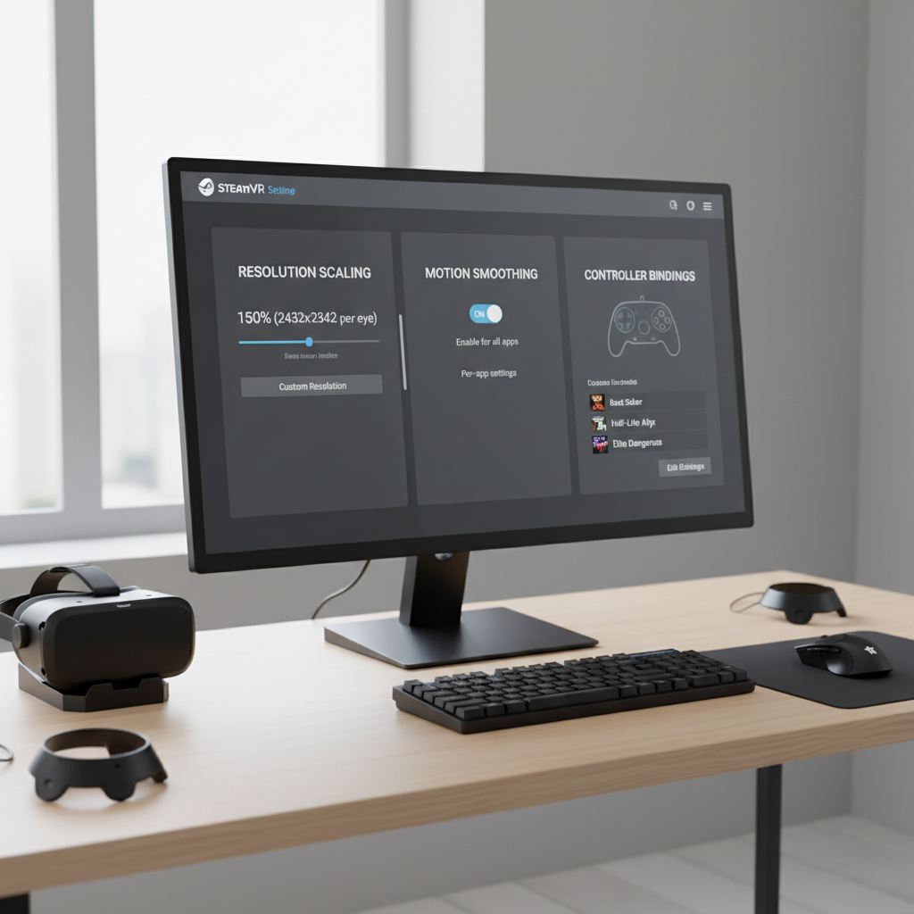 SteamVR settings screen used to tune resolution and controller bindings for Phasmophobia VR
