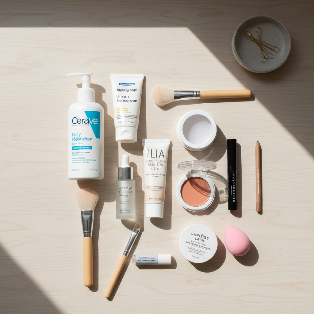 Beginner makeup routine essentials laid out on a vanity