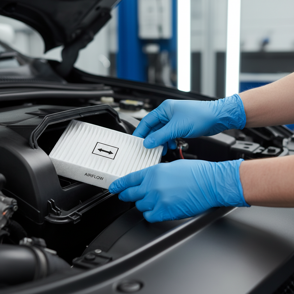 Installing a new cabin air filter with airflow direction arrow visible