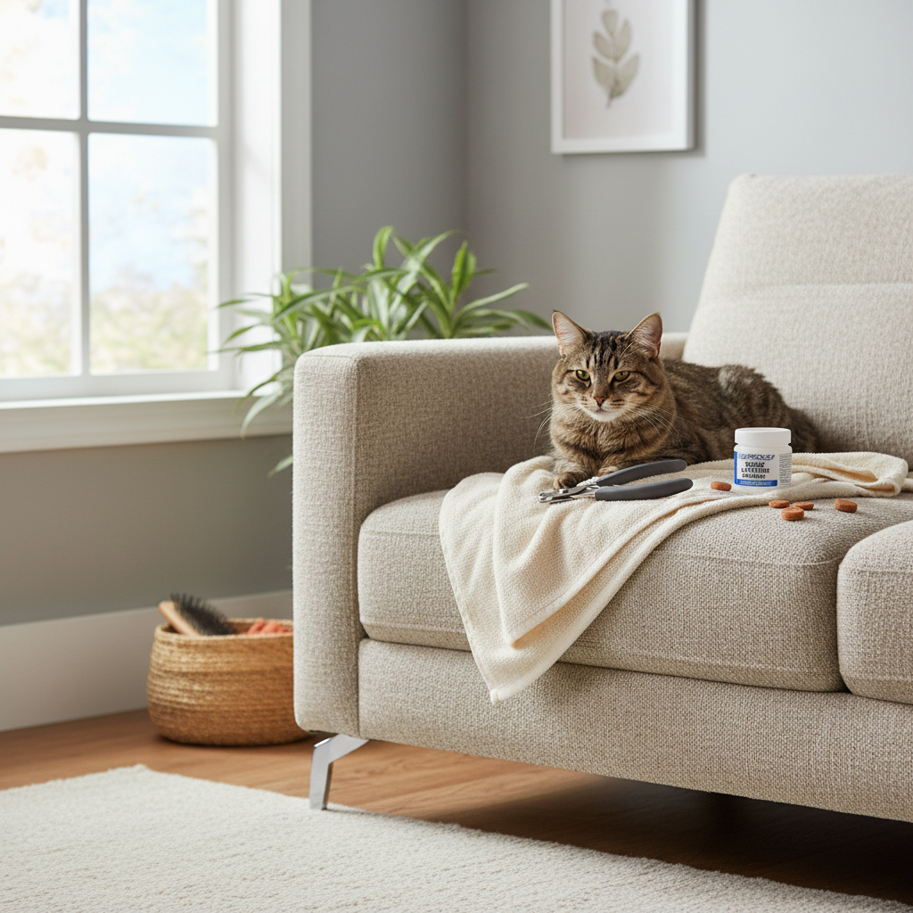 Cat nail trimming setup at home with clippers and treats