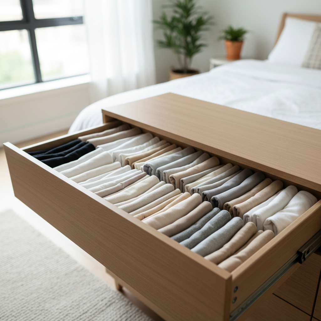 Neat drawer organization using file folding to save space