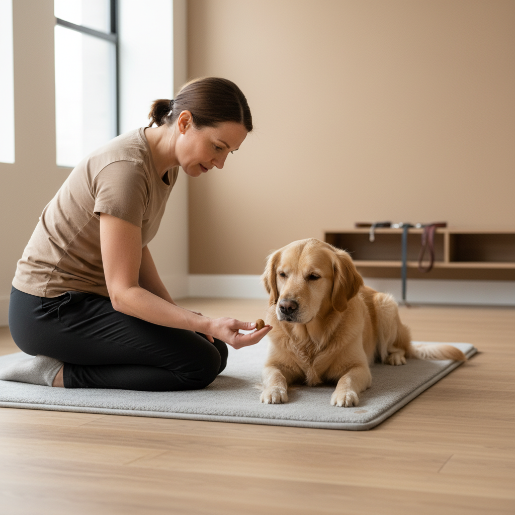 Trainer rewarding a dog for staying in a down position with calm duration