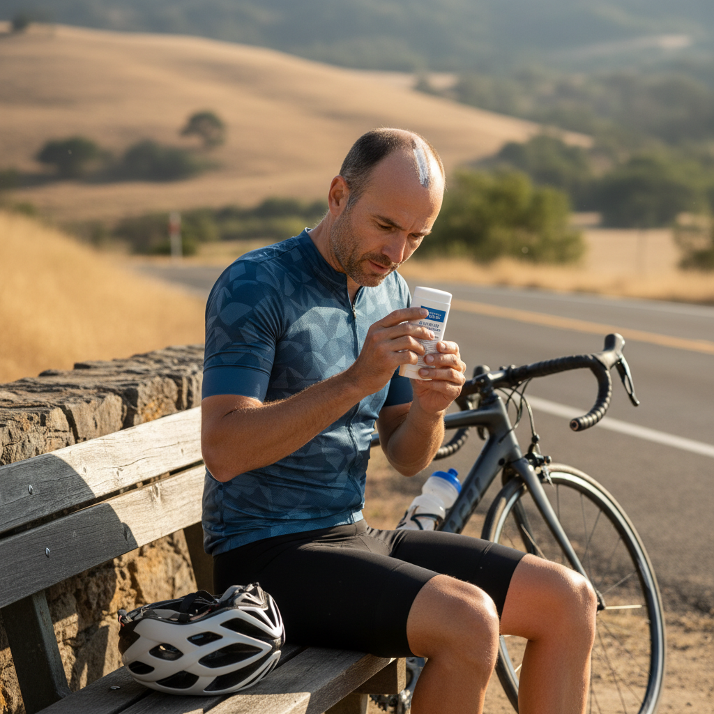 Cyclist reapplying sunscreen to scalp part line during a mid-ride stop