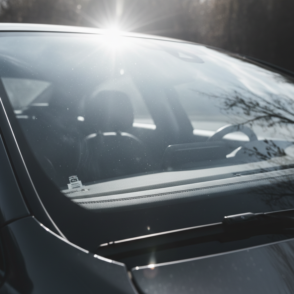 Close-up of streaks and haze on a car windshield in sunlight