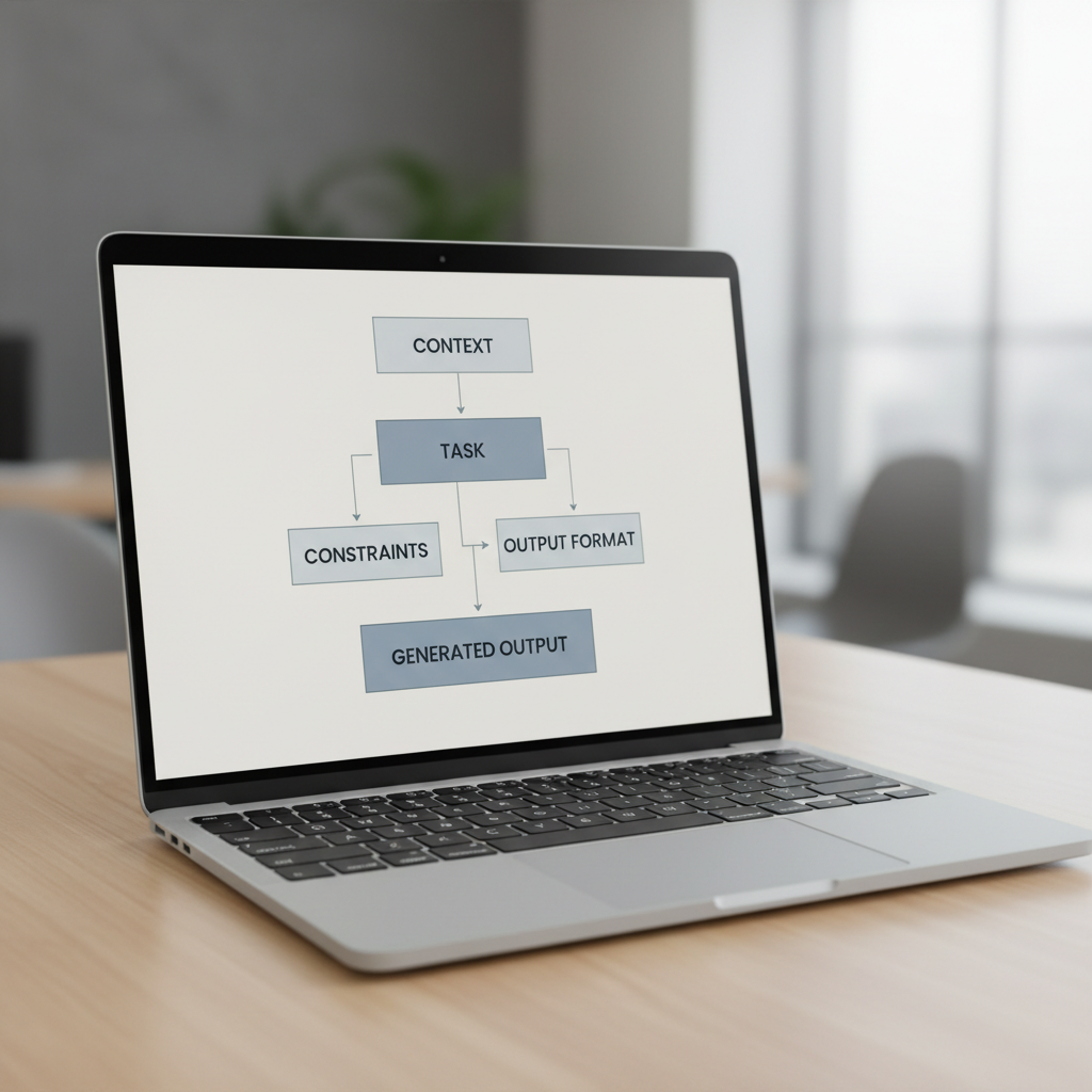 Prompt writing workflow showing context, task, constraints, and output format