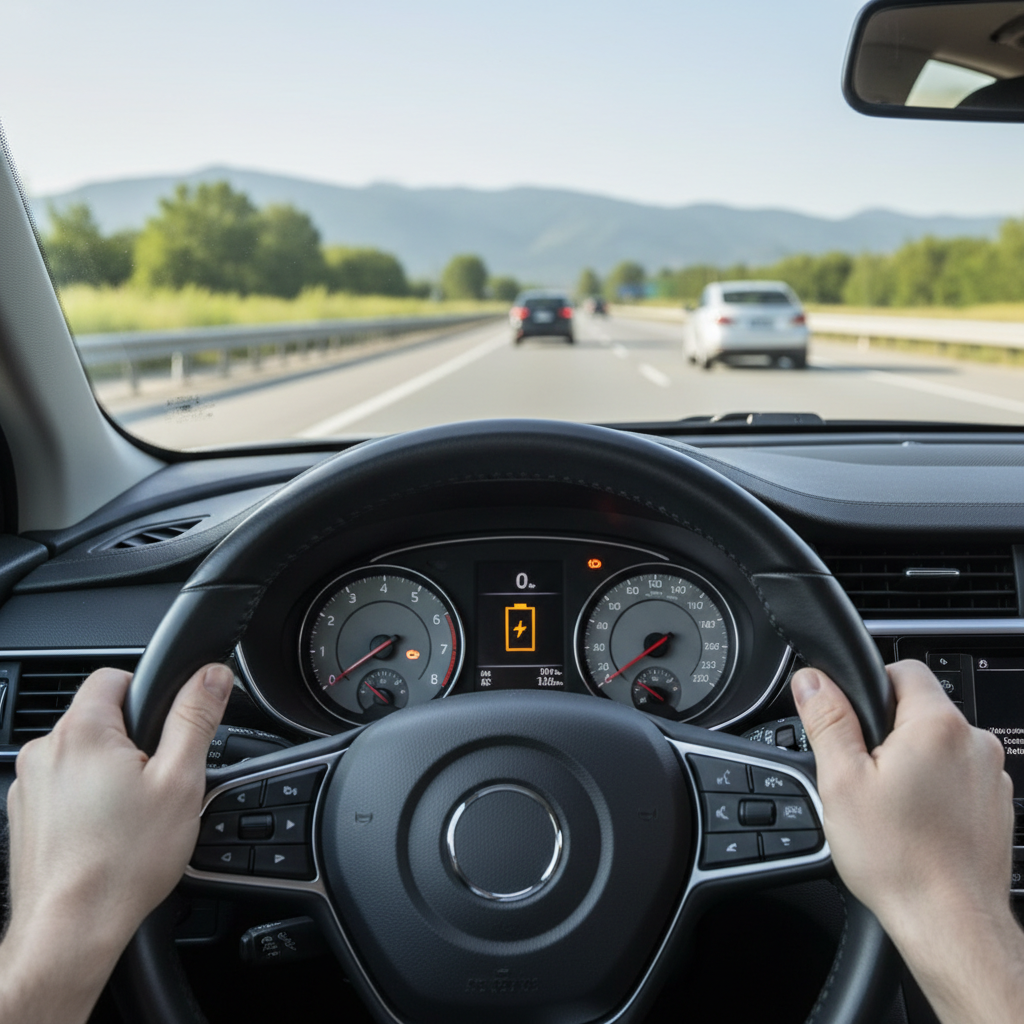 Driver checking dashboard battery warning light after a successful jump start