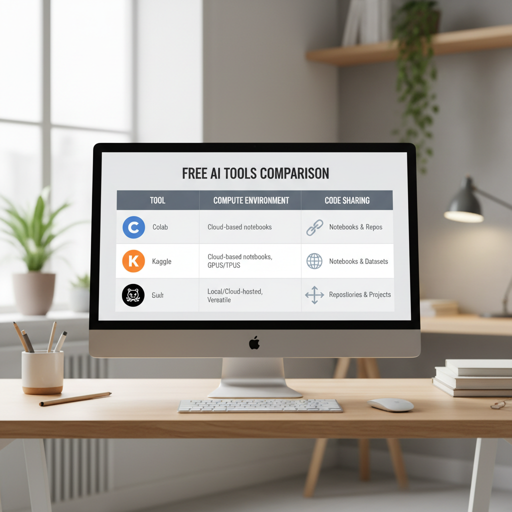 Comparison of free AI learning tools like Colab, Kaggle, and GitHub on a screen