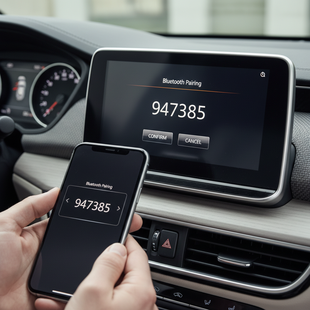 Car Bluetooth pairing code confirmation screen with phone nearby