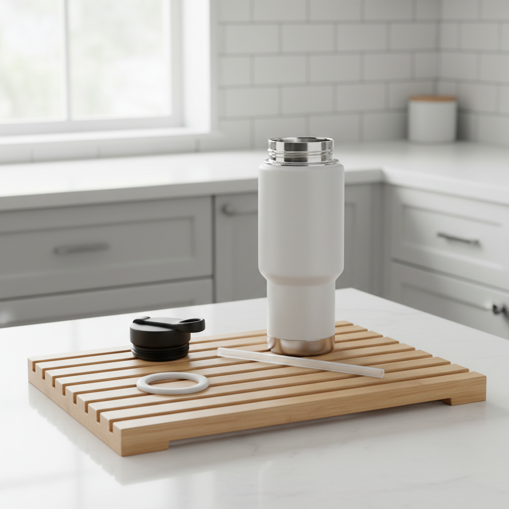 Travel water bottle parts drying separately on a drying rack for odor prevention