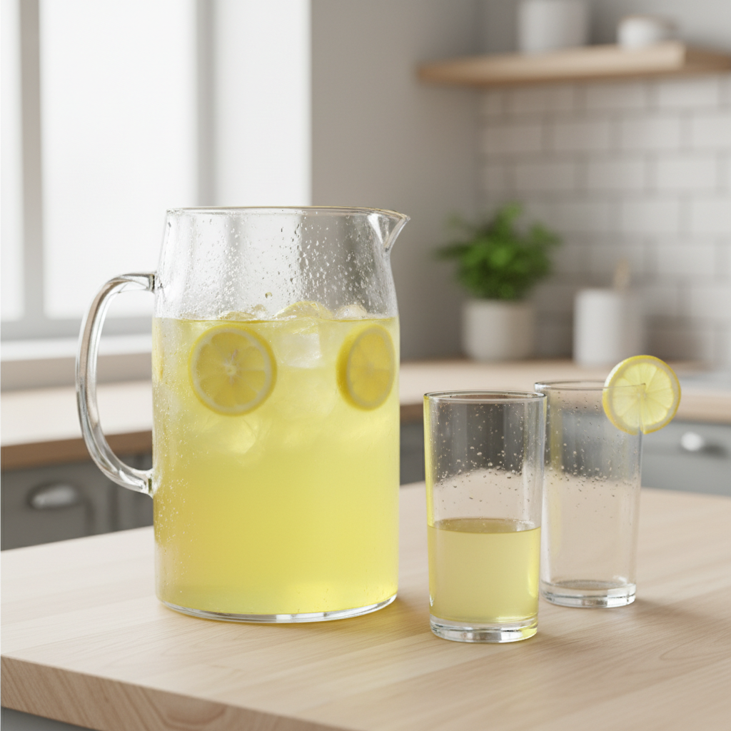 Fresh homemade lemonade in a glass pitcher with lemons and ice