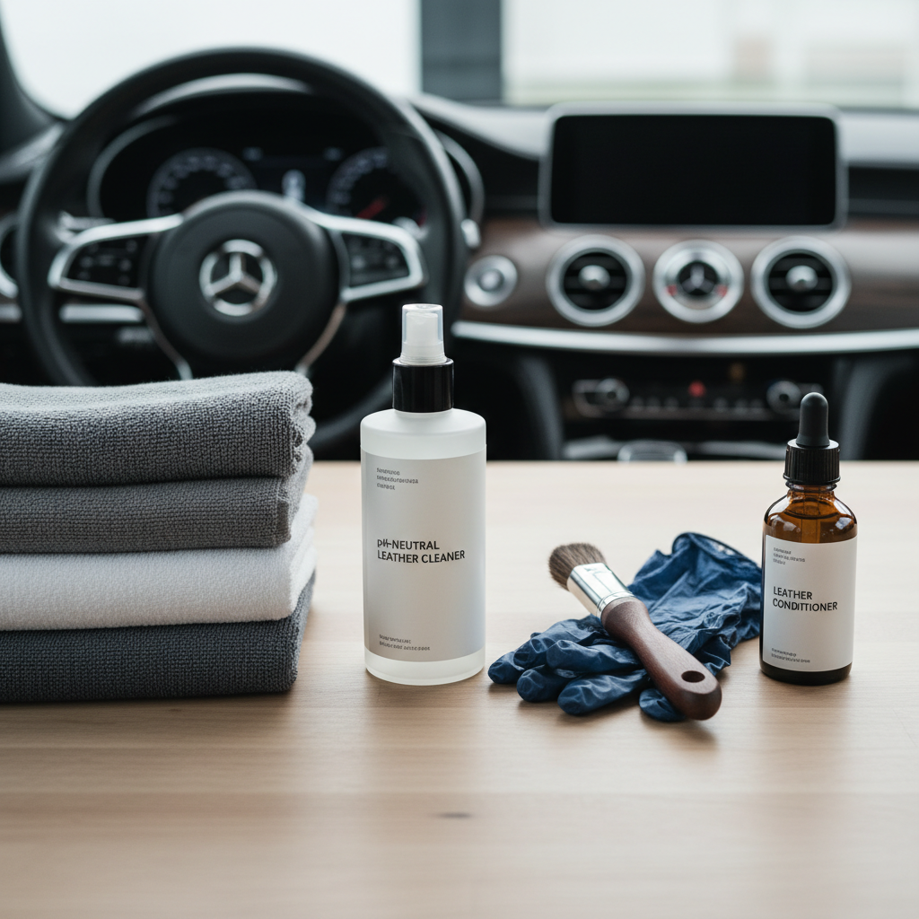 Cleaning supplies laid out for leather steering wheel care