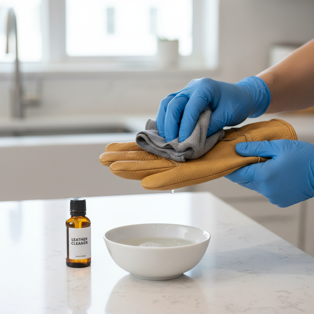 Step-by-step spot cleaning leather work gloves with a damp cloth and mild soap