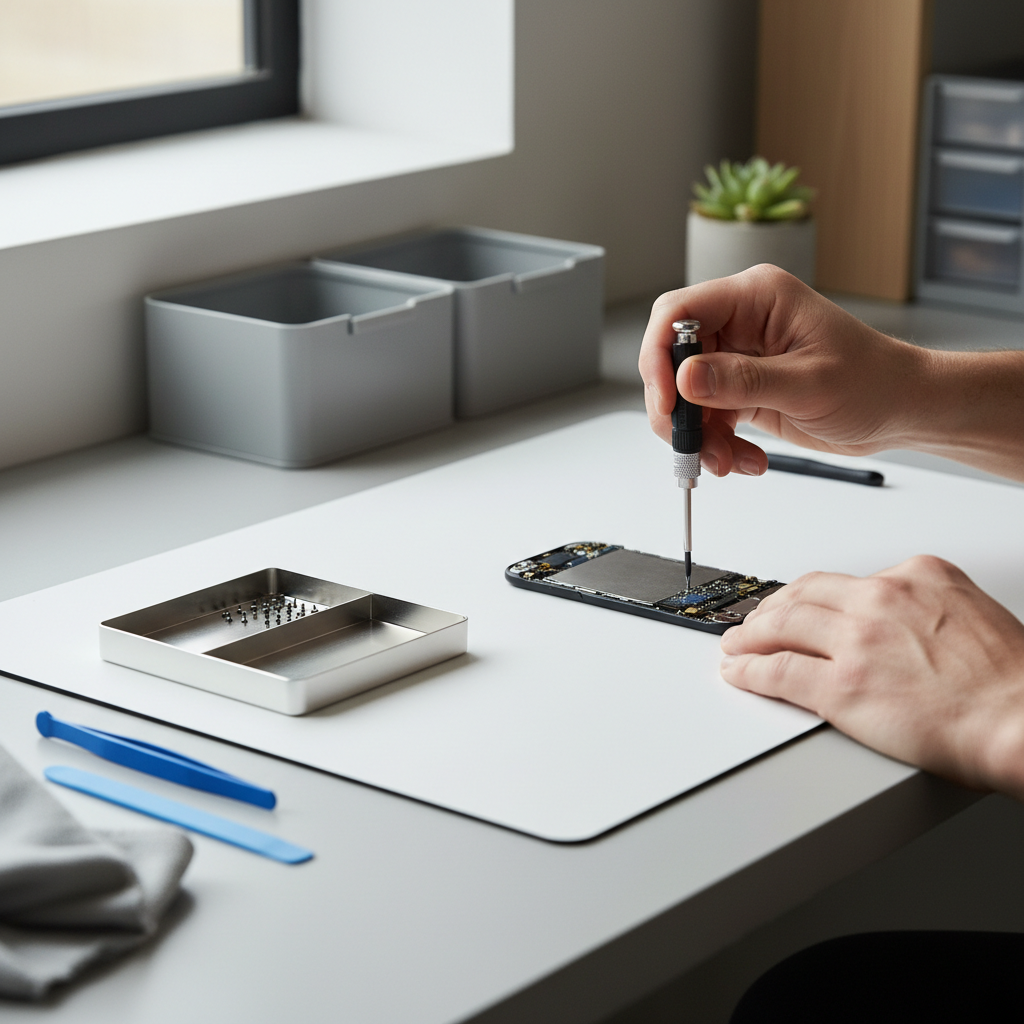 Hands using a precision screwdriver with proper downward pressure on a small electronics screw