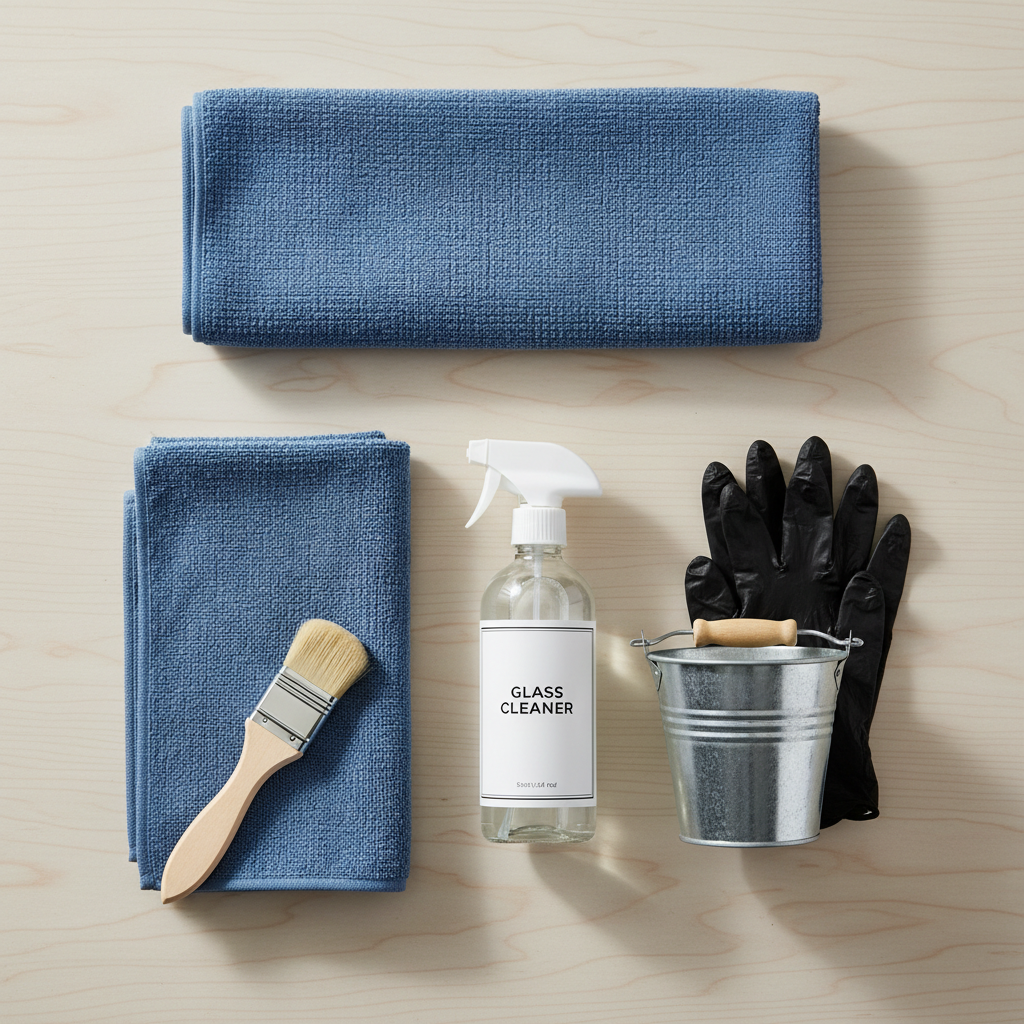 Detailing supplies for streak-free car window cleaning laid out on a workbench