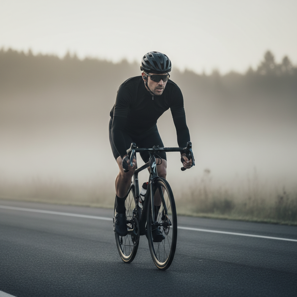 Cyclist wearing arm warmers on a cool morning road ride