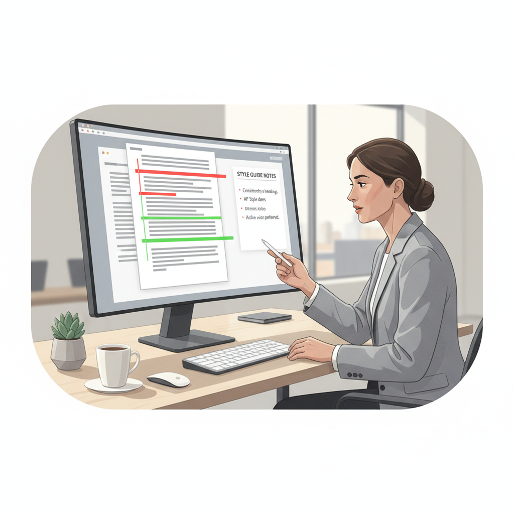 Editor reviewing AI-assisted draft with highlighted changes and style notes