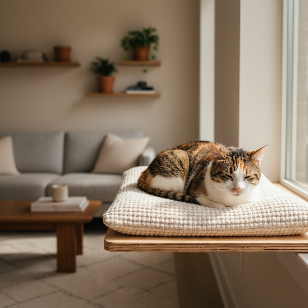 Happy indoor cat resting near a window perch in a calm home