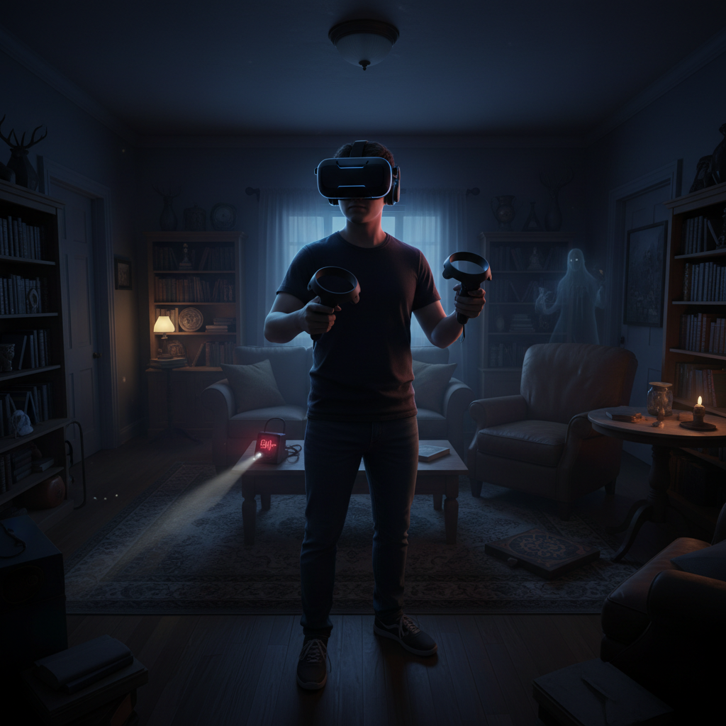 Player using a VR headset to investigate a haunted house in Phasmophobia