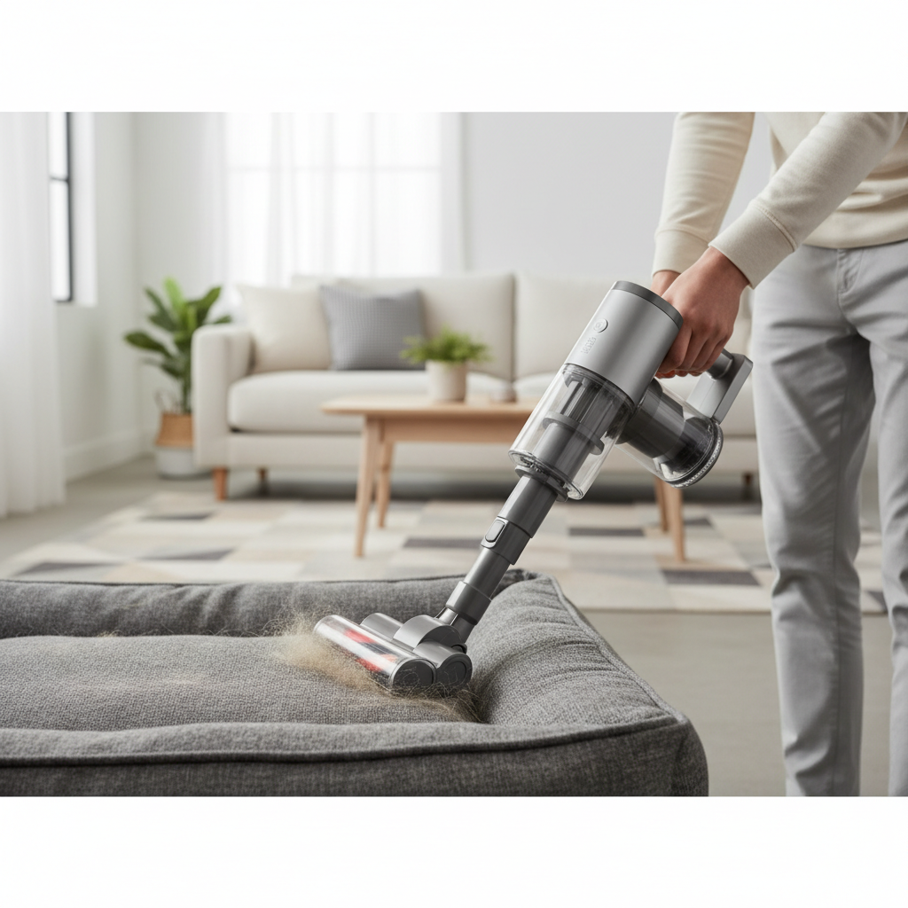 Vacuuming dog bed seams and corners to remove hair before washing