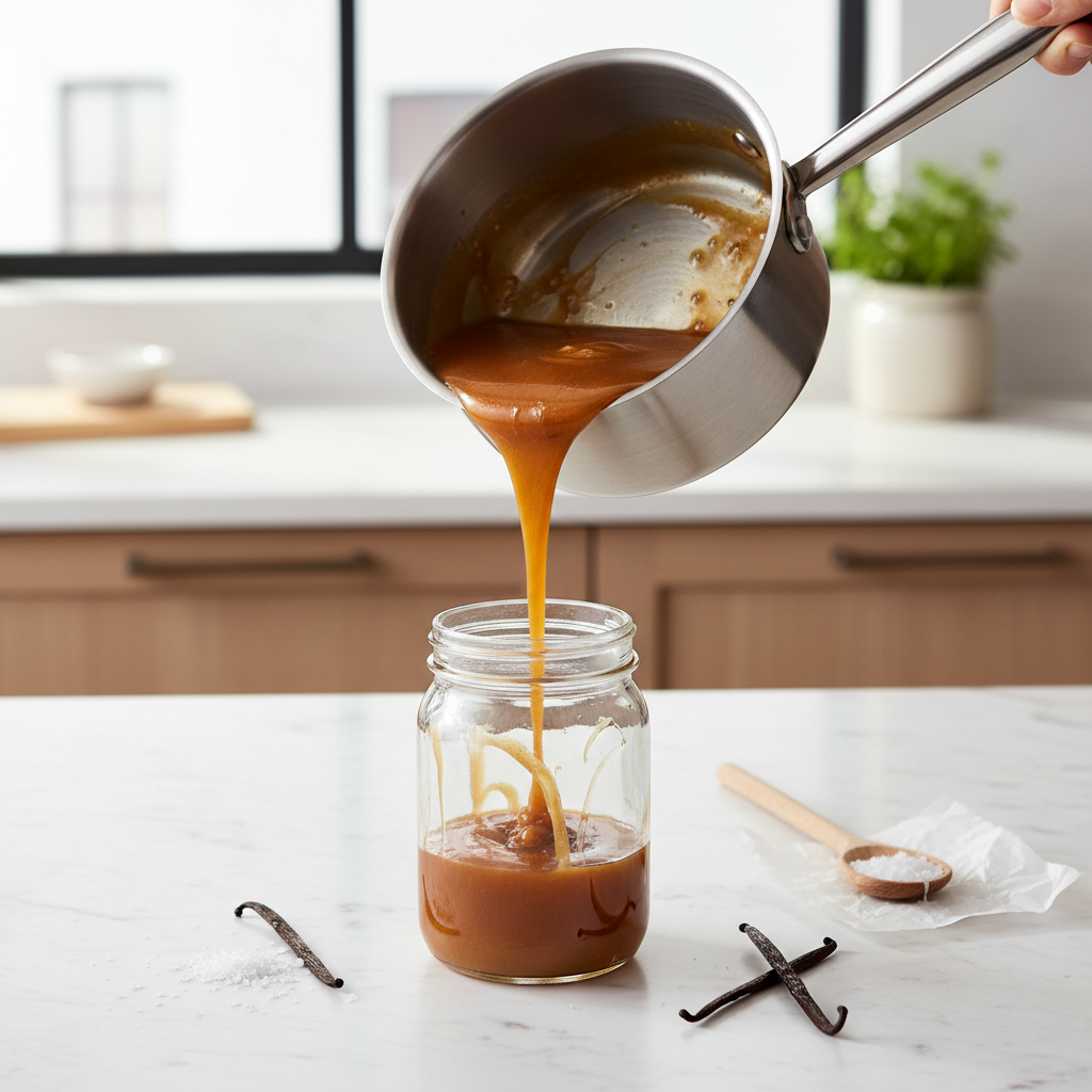 Homemade caramel sauce being poured into a glass jar