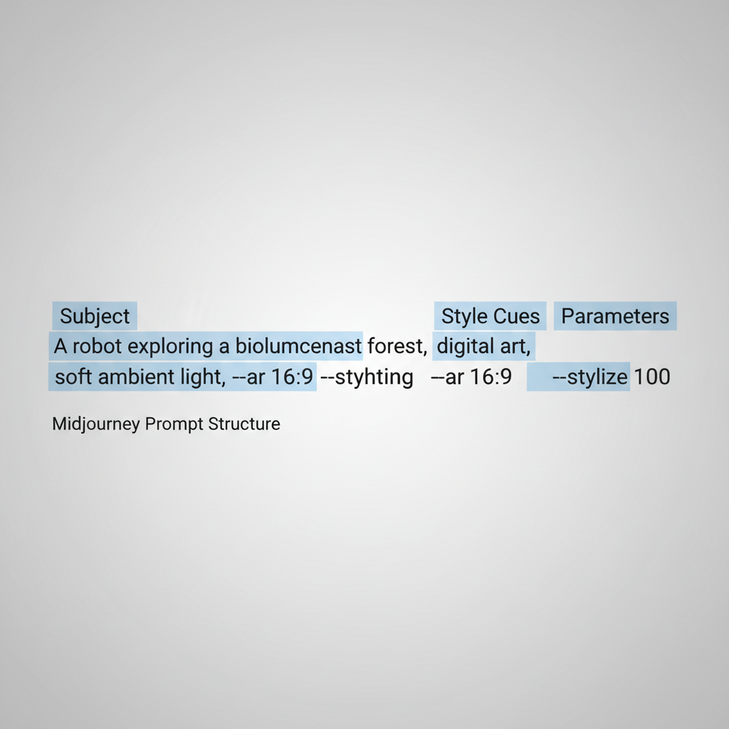 Prompt example showing subject style and Midjourney parameters like aspect ratio and stylize