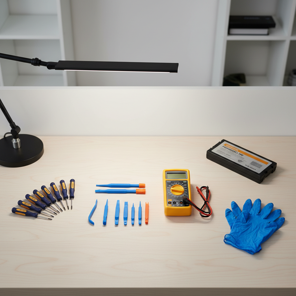 LED work light battery replacement tools laid out on a workbench