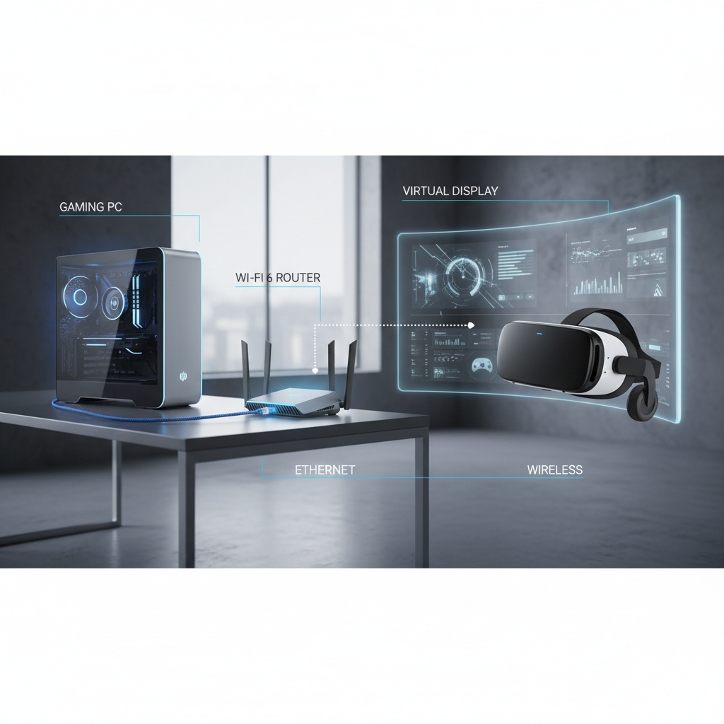 PC streaming setup for Netflix in VR with router, PC, and headset