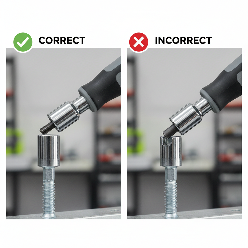 Correct vs incorrect nut driver angle on a hex-head screw to prevent rounding