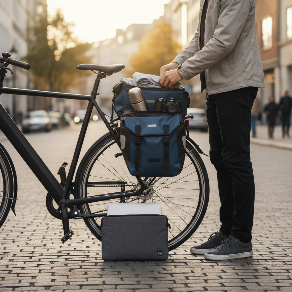 Commuter placing heavy items low in a bike pannier for stable handling