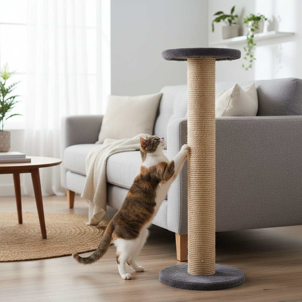 Cat choosing a sturdy scratch post instead of a sofa