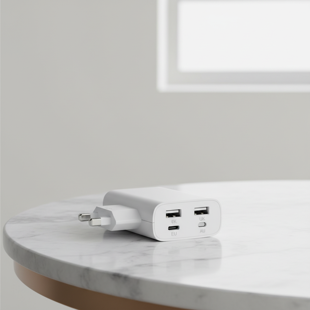 Universal travel adapter with labeled plug types and USB ports