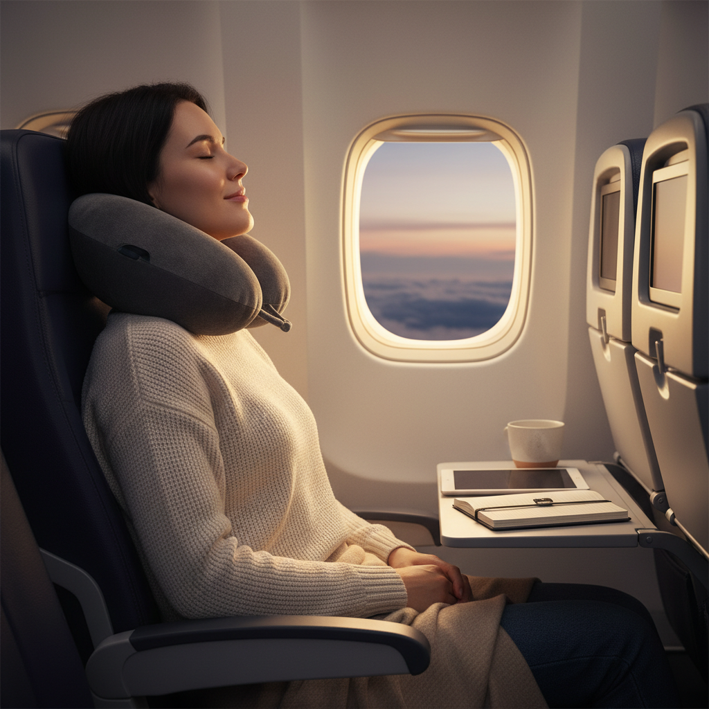 Traveler wearing a neck pillow correctly in an airplane seat