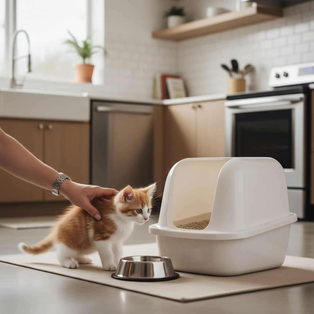 Pet owner guiding a kitten to a litter box after a meal