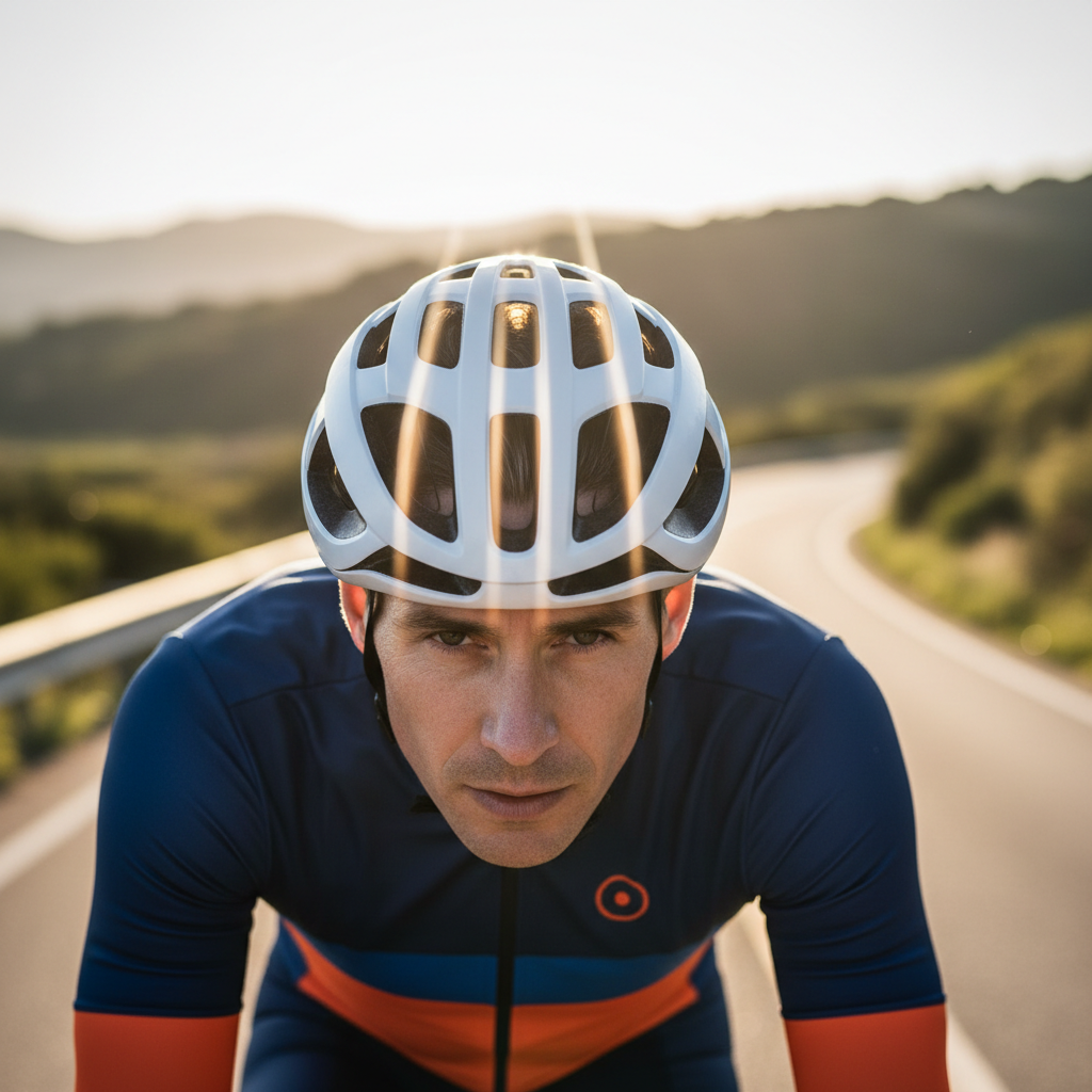 Cyclist wearing a ventilated helmet with sunlight hitting the scalp and part line