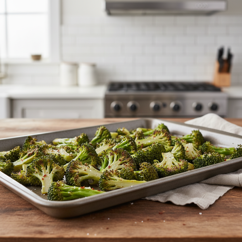 Tender crisp broccoli on a sheet pan with browned edges