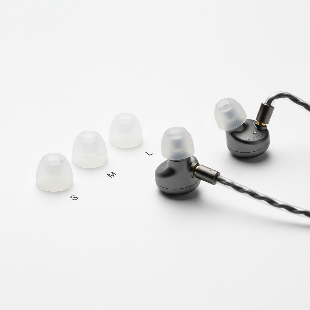 Close-up of silicone ear tips showing proper seal for bass in wired earphones