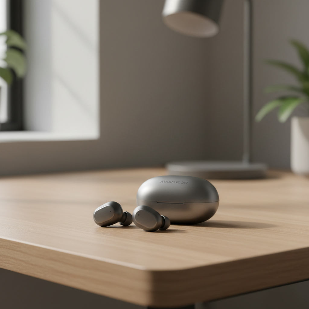 Wireless earbuds with a compact wireless charging case on a desk