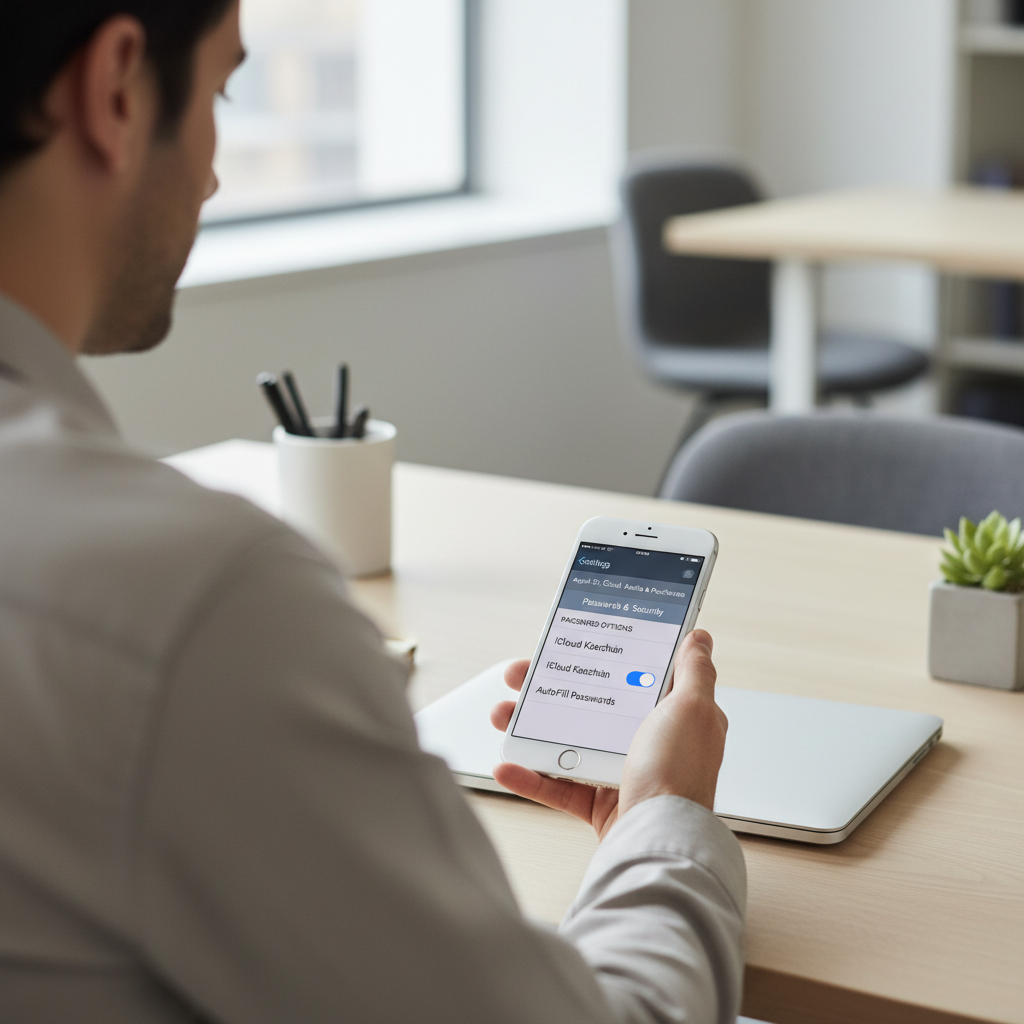 Person checking iCloud Keychain and AutoFill settings on iPhone for missing saved passwords